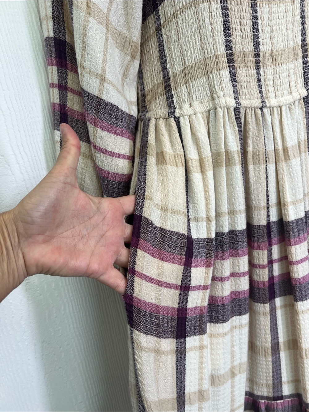 Marine Layer - Ivy Plaid Smocked Long Sleeve Square Neck Tiered Midi Dress Small - Picture 6 of 12